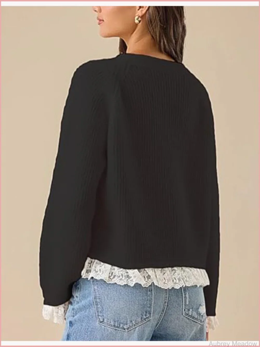 V-Neck Lace Trim Cardigan Heart Button Front Knit Sweater Open Long Sleeve - Picture 4 of 4